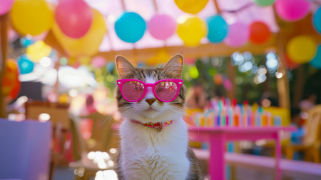 Cute Cat Wearing Pink Sunglasses at Colorful Birthday Party. Concept of playful pets, festive atmosphere, vibrant celebration, feline fashion.の写真素材