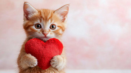 Cute Romantic Kitten Holding Plush Red Heart in Adorable Gesture. Concept of love, pet affection, cute animals, heartwarming moments, cat. Copy space.の写真素材