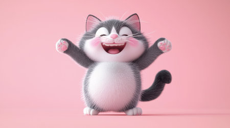 Happy Cartoon Cat Joyfully Dancing on Pink Background in Whimsical Art Style. Concept of Feline Fun,...