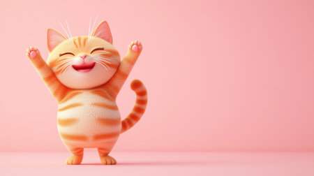 Joyful Cartoon Cat Dancing with Raised Paws in Cheerful Pose on Pink Background. Concept of Happiness, Playful Animals, Fun, Animation Style. Copy space.の写真素材