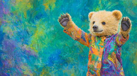 Playful Bear Cub in Colorful Attire Against Vibrant Abstract Background Illustration. Copy space.の写真素材