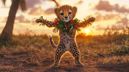 Playful Dancing Cheetah Cub in Tropical Sunset with Floral Garland in Artistic Illustration.