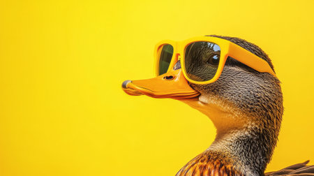 Quirky Duck Wearing Bright Yellow Sunglasses Against Vibrant Yellow Background. Concept of Fun, Whimsy, Unique Fashion, Playful Style. Copy space.の写真素材