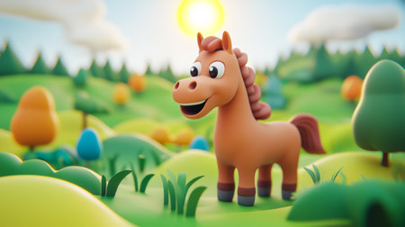 Smiling Cartoon Horse in Pastel Landscape Illustration with Sunny Hills and Vibrant Trees for Whimsical Art Enthusiasts.の写真素材