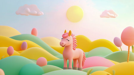 Smiling Horse in Colorful Cartoon Landscape Illustration with Sunny Sky and Puffy Clouds.の写真素材