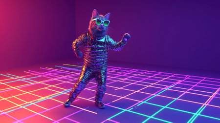 Stylish Dancing Cat Illustration with Sunglasses in Shimmering Outfit on Neon Dance Floor. Concept of Feline Fashion, Cat Dance Party, Fun Pet Illustration, Vibrant Nightlife.の写真素材