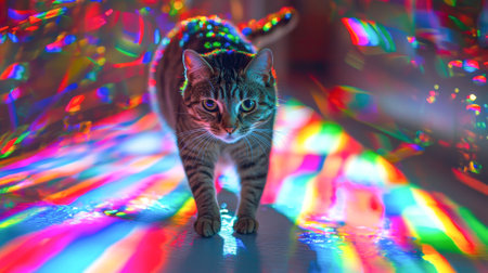 Tabby Cat Energetically Dancing in Colorful Light Spectrum with Vibrant Rainbow Colors and Dynamic...