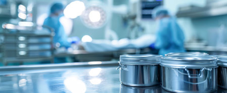 Medical Containers and Instruments in Surgical Setting with Doctors in Background. Concept of...