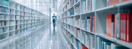 Modern library with rows of bookshelves filled with books and blurred man student walking in...