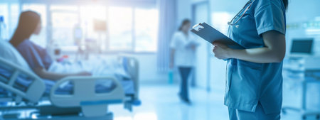 Female nurse holding clipboard in hospital room with patient lying in bed and doctor in background....