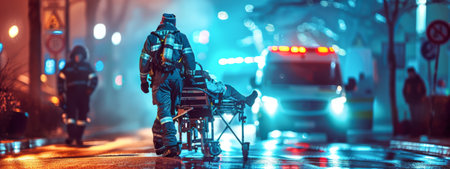 Emergency paramedic rushing patient on stretcher to ambulance at night. First responder saving lives...