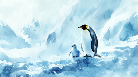 Watercolor Illustration of Emperor Penguin and Chick in Icy Antarctic Landscape. Concept of Wildlife Art, Polar Habitat, Nature Beauty, Endangered Species. Copy space.の写真素材