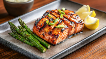 Grilled Salmon Fillet Fish with Charred Marks and Asparagus Served with Lemon Wedges for a Healthy Gourmet Meal.の写真素材