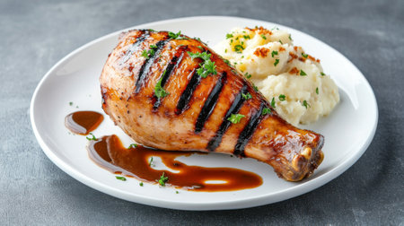 Delicious Grilled Smoked Turkey Leg Served with Mashed Potatoes on a White Plate Garnished with Fresh Parsley and Sauce. Meat.の写真素材
