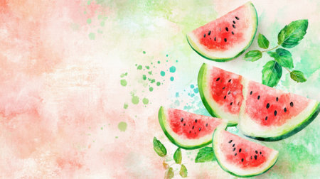 Dreamy Watercolor Summer Scene with Watermelon Slices on Artistic Background, Copy space.の写真素材