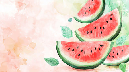 Dreamy Watercolor Scene of Watermelon Slices with Pastel Background. Concept of Summer Refreshment, Tropical Fruit, Artistic Illustration, Juicy Treat, Copy space.の写真素材