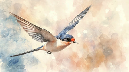 Beautiful Watercolor Illustration of a Barn Swallow in Flight Capturing Graceful Movement and Delicate Details of Nature's Beauty. Copy space.の写真素材