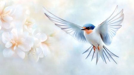 Watercolor Illustration of a Barn Swallow in Flight Surrounded by Delicate White Flowers. Concept of nature's beauty, avian grace, floral elegance, artistic tranquility. Copy space.の写真素材