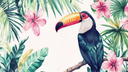 Watercolor Illustration of a Toucan Perched Amidst Tropical Flowers and Leaves in Vibrant Colors.