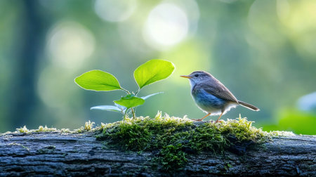 Delicate Wren Perched on Moss-Covered Branch in Lush Forest Setting with Vibrant Foliage. Concept of Nature Serenity, Bird Watching, Woodland Habitat, Peaceful Wildlife. Copy space.の写真素材