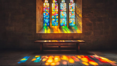 Vibrant stained glass window casting colorful light in a serene chapel setting. Concept of spiritual...