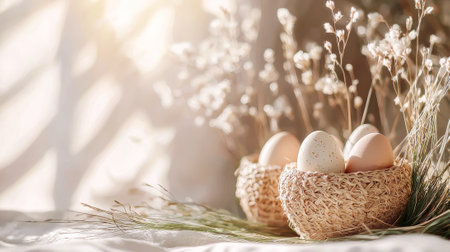 Abstract Easter Background with Egg Baskets and Soft Floral Elements. Concept of Spring Holiday,...