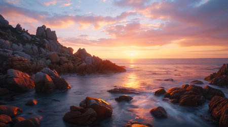 Tranquil rocky shoreline at sunset with vibrant sky.の写真素材