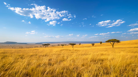 Expansive Savanna Landscape with Golden Grasses Under Blue Sky and Scattered Clouds. Concept of African Wilderness, Natural Beauty, African Trees, Serenity in Nature.の写真素材