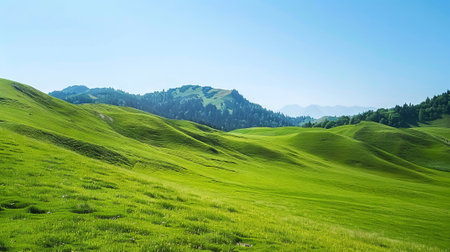 Scenic Alpine Pasture with Grazing Cattle Among Rolling Green Hills on a Clear Day. Concept of...