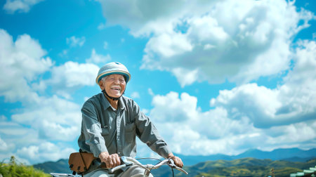 Elderly Asian Man Joyfully Riding a Bicycle Under a Clear Blue Sky - Concept of Active Aging,...