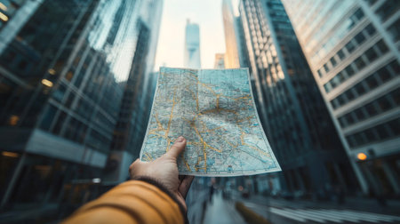 Hand Holding Map in Urban Cityscape Reflecting Travel Exploration and Adventure in Busy Skyscraper...
