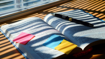 Open Book with Colorful Sticky Notes and Pen on Sunlit Desk. Concept of Study, Organization, Academic Research, Creative Planning.の写真素材