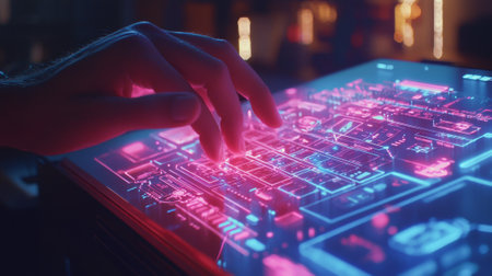 Close-up of hand interacting with holographic keyboard in futuristic technology setting. concept of innovation, digital interaction, advanced computing, virtual interfaces.の写真素材