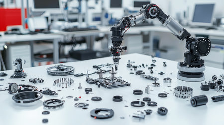 Futuristic robotic arm efficiently assembling mechanical parts in high-tech laboratory setting....