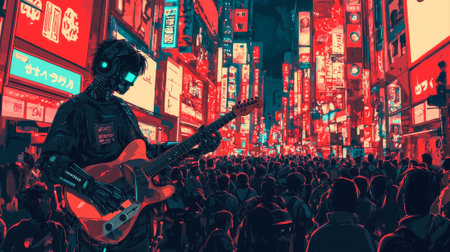 Anime Style Art of High Tech Robot Musician Playing Guitar in Vibrant Cityscape at Night.