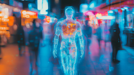 Shimmering Holographic Humanoid Robot with Neon Cityscape Reflecting Futuristic Technology and Digital Innovation.の写真素材