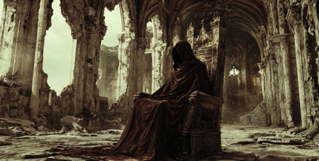 Mysterious Hooded Figure Sitting on Gothic Throne in Ruined Cathedral. Concept of Dark Fantasy,...