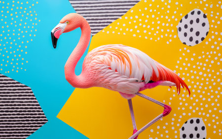 Colorful Flamingo Standing on One Leg Against Vibrant Geometric Background. Concept of Tropical Wildlife, Exotic Birds, Nature, Colorful Pop Art.の写真素材