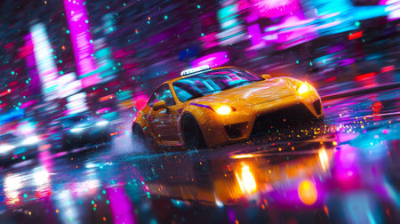 Bright Yellow Taxi with Glowing Headlights Driving Through Vibrant City Streets at Night. Concept of...