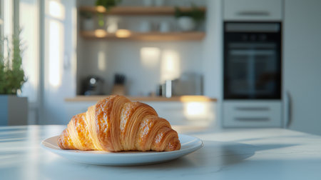 Close Up of Freshly Baked Croissant on White Plate in Sunlit Modern Kitchen Concept of Culinary...