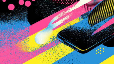 Pop Art Illustration of a Vibrant Smartphone Emitting Bold Colors and Abstract Shapes with Dynamic...