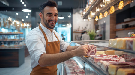 Smiling Middle Eastern Male Butcher Preparing Fresh Meat in Modern Shop. Concept of Culinary Expertise, Food Industry, Quality Ingredients, Professional Service.のeditorial素材