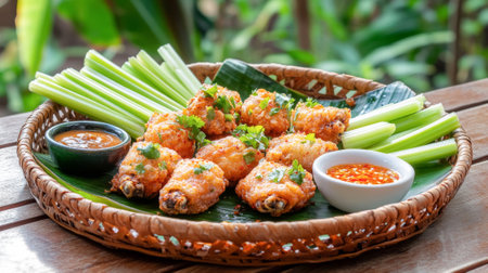 Crispy chicken wings platter with fresh celery and dipping sauces. Concept of delicious appetizers, spicy flavors, party snacks, casual dining.の写真素材