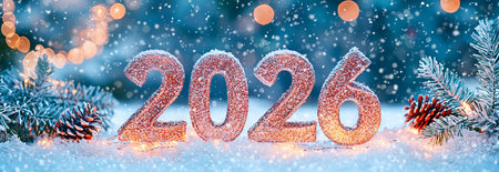Festive Winter Scene with Icy Sparkling 2026 Text and Pinecones. Concept of New Year Celebration,...