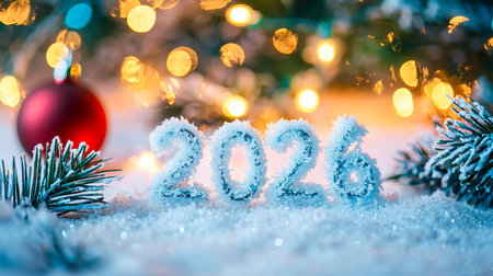Festive Christmas Scene with 2026 Written in Snow and Frosted Pine Branches Concept of Holiday...