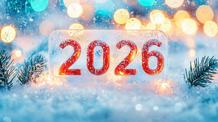 Festive Winter Scene with 2026 Frosted Glass Sign Amidst Snow and Lights. Concept of New Year's Eve...