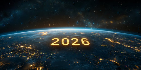 Stunning Cosmic View of Earth with 2026 Illuminated in Starry Sky Concept of Future, Space...