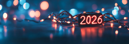 Festive String Lights with 2026 Sign Glowing in Vibrant Neon Colors. Concept of Celebration, New...