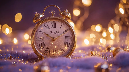 Vintage Golden Clock Displaying 2026 Amid Sparkling Lights and Snowflakes Concept of New Year...