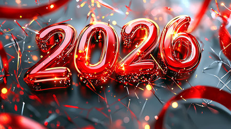 Glossy Red and Gold 2026 on Christmas Background. Concept of Holiday Celebration, Festive New Year,...